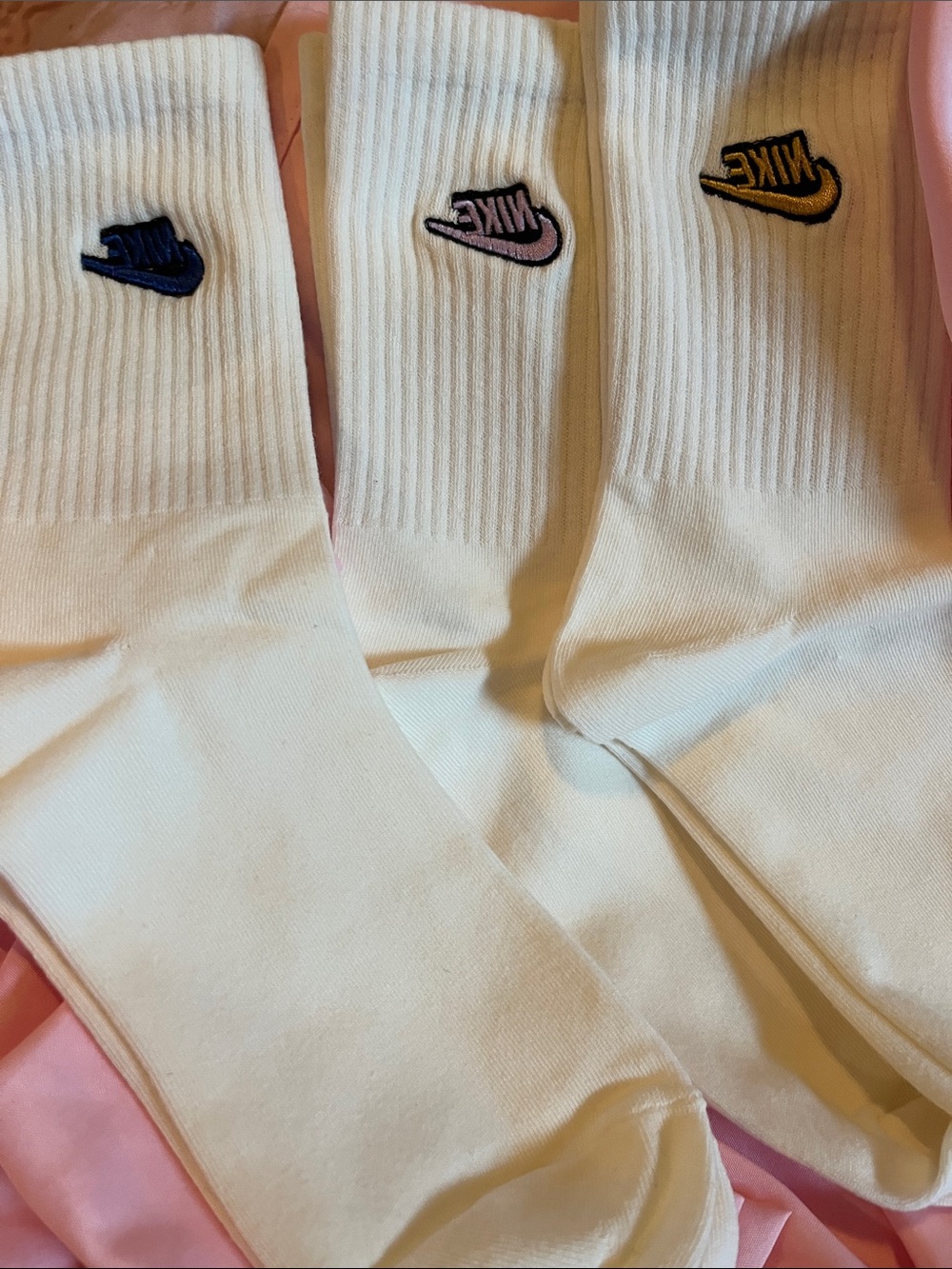 Nike White Crew Socks with Blue, Pink & Gold Swoosh Embroideries3pack